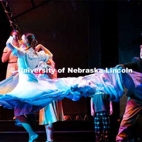 Nate Petsche and Alura Long doing a costume reveal in the opening number of UNL’s production of “Big Fish”. April 22, 2024. Photo by Taryn Hamill for University Communication and Marketing.