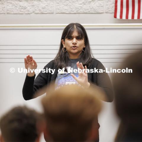 Ananya Amarnath, a May 2024 music education graduate, conducts the Papillion-Lavista South choir as they prepare for their spring performances. April 30, 2024. Photo by Craig Chandler / University Communication and Marketing.